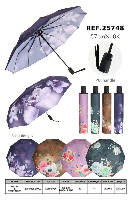 Auto-Open Umbrella with Floral Panel & Digital Print-25748