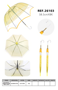 Cream Yellow Ruffled POE Clear Auto Open Stick Umbrella -26103