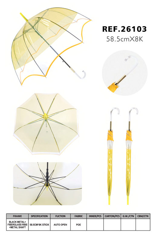 Cream Yellow Ruffled POE Clear Auto Open Stick Umbrella -26103